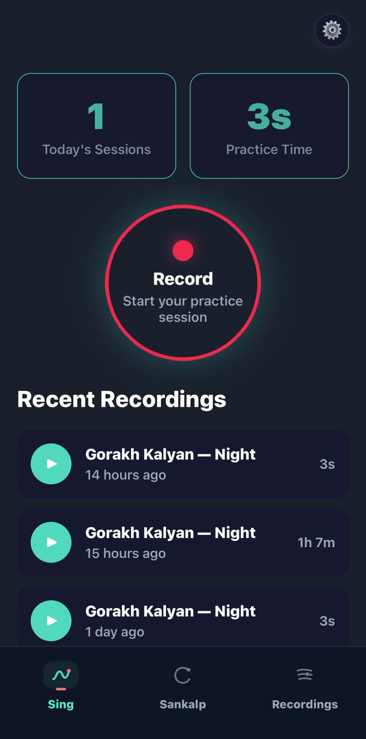 KalaPanion home screen showing today’s sessions, practice time, and recent recordings.