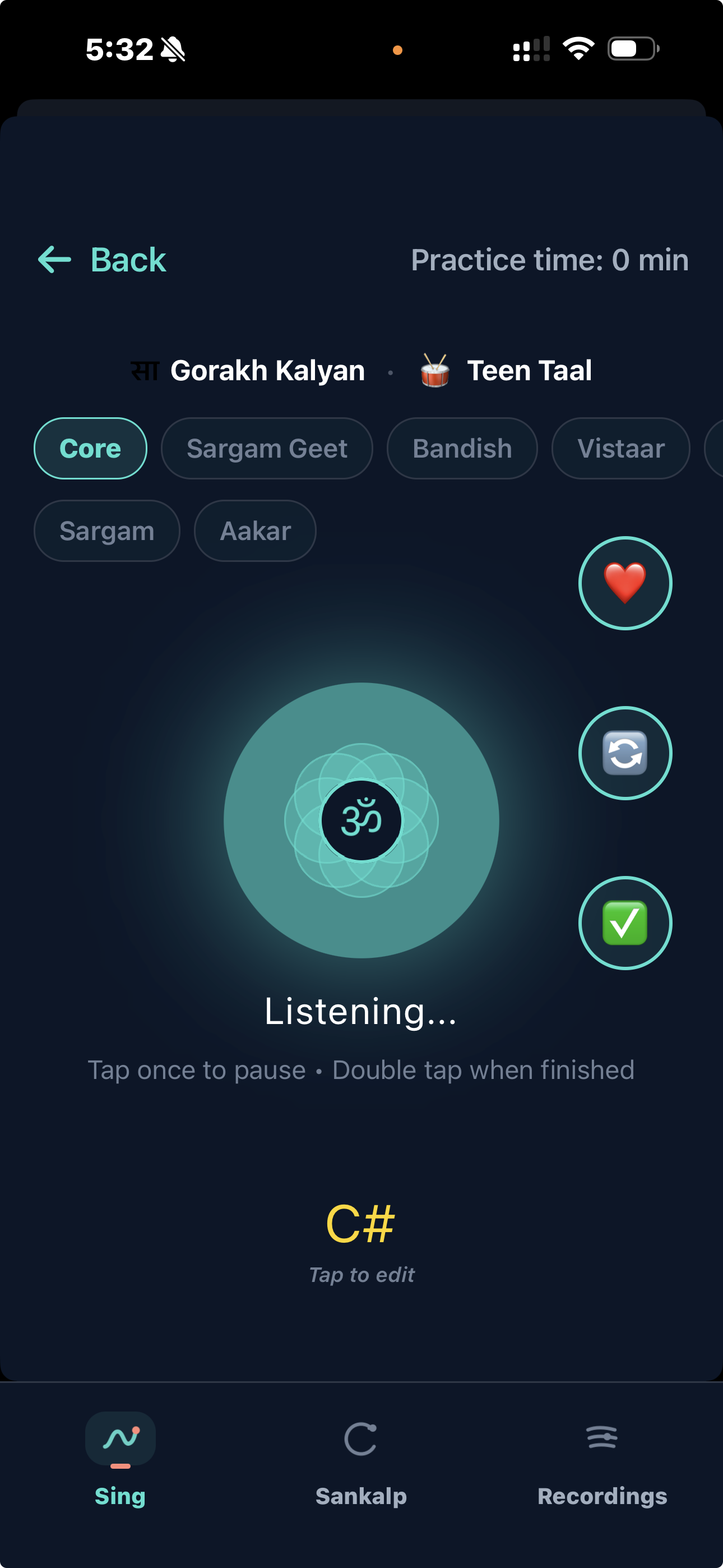 KalaPanion Practice recording screen showing Raag, Taal, practice zones, pitch, and Heart, Rework, and Take markers while listening continues.