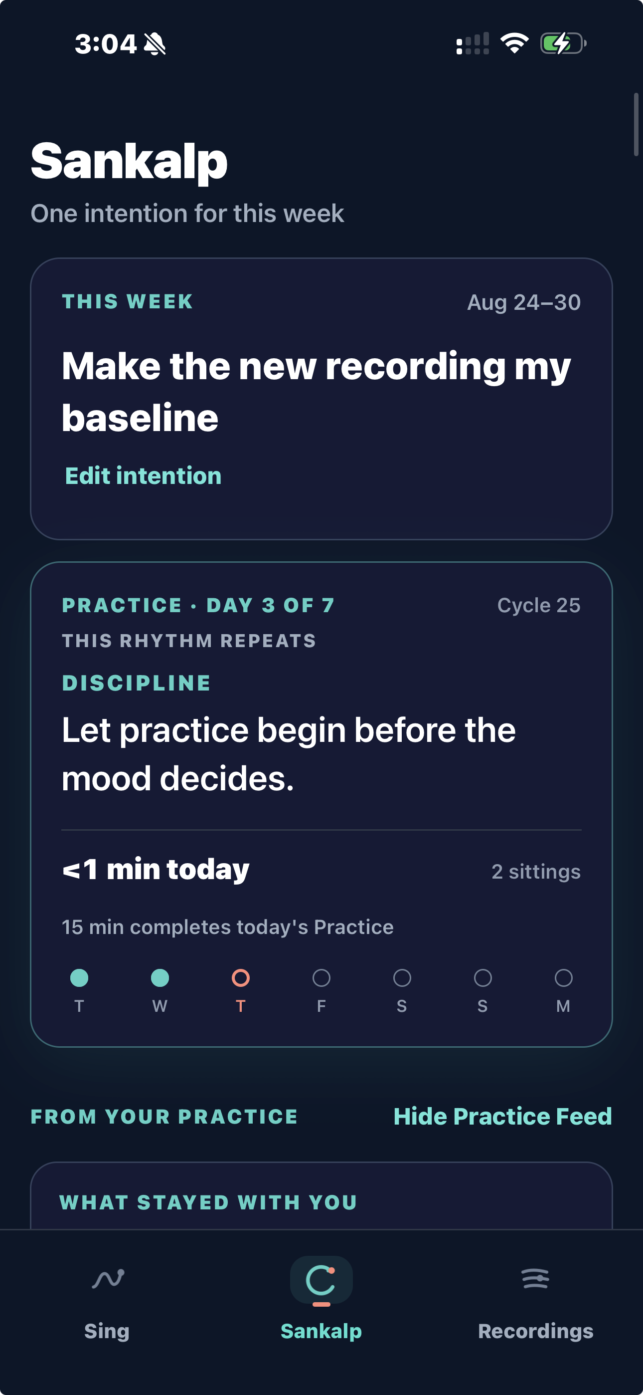 KalaPanion Sankalp screen showing a weekly intention, Practice Day 3 of 7, today's practice minutes, and the seven-day rhythm.